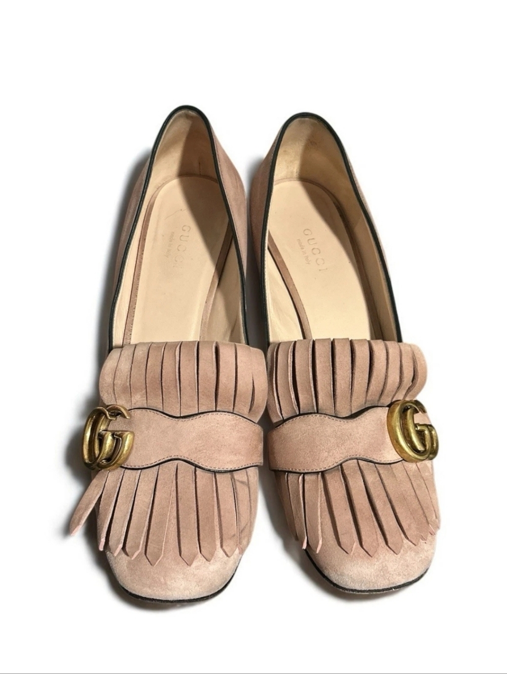 Gucci Pink Suede Fringe Block Heel Loafers with Gold Double-G - Picture 2 of 10